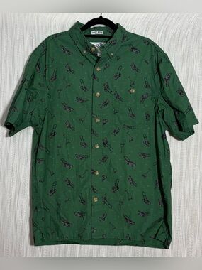 Duluth Trading Co Green Short-Sleeve Button-Up with Lawn Mower Print